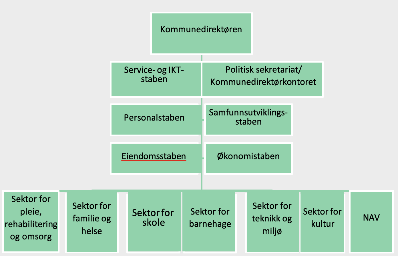 Figur: Administrativ organisering i Elverum kommune i 2022. Sektorene har hovedansvar for tjenesteproduksjon og myndighetsforvaltning. Stabene har primært støtte-/forvaltningsfunksjoner.